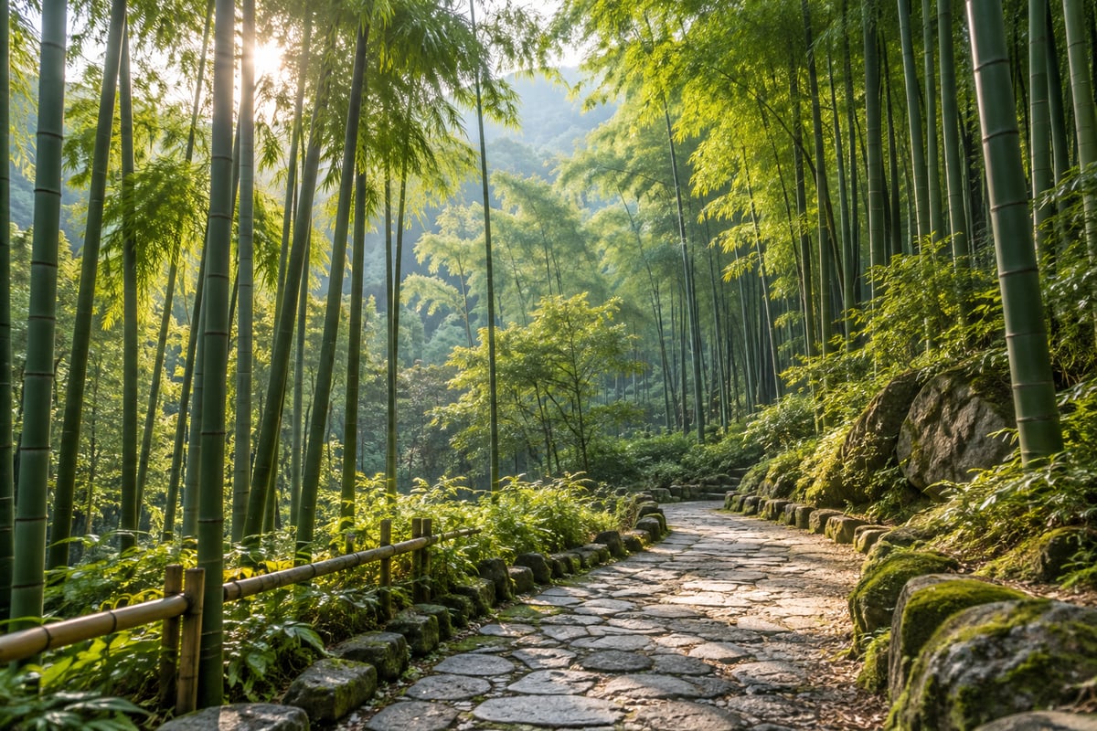 亲子竹林散步 · 生成主题配图 亲子竹林散步:竹林中的步行小径(主题配图)